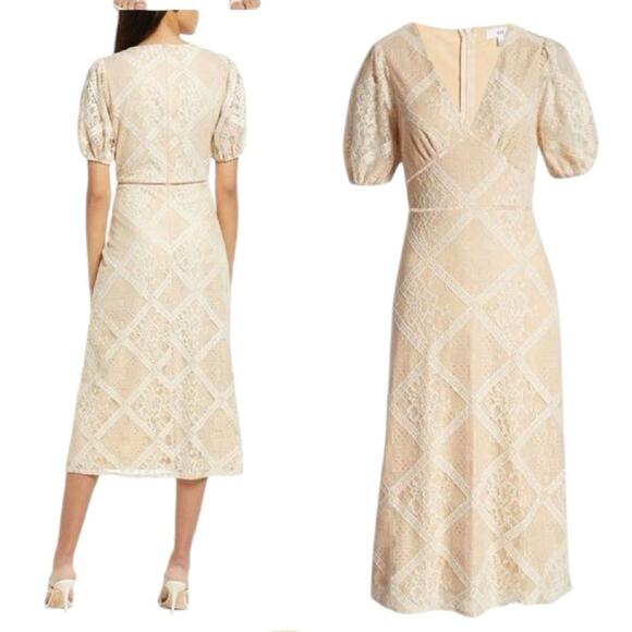 NSR NWTs Ana Rose Lace Tan Cream Romantic Dress size XS Midi Puff Sleeves - Picture 1 of 12